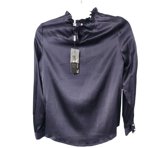 LILYSILK Women's 100% Silk Blouse – Navy Blue, Long Sleeve, High Neck - Size S - Picture 2 of 5